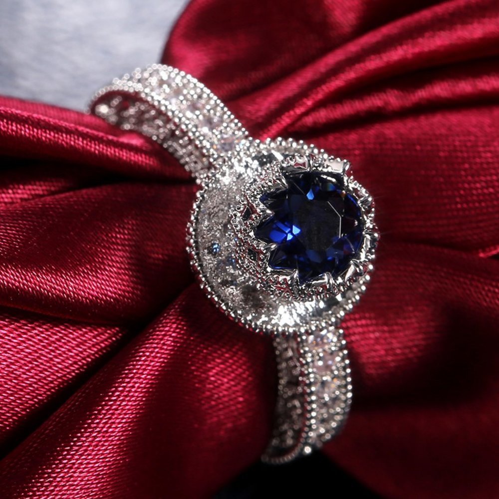 *925 Sterling Silver Blue Sapphire Diamond Ring